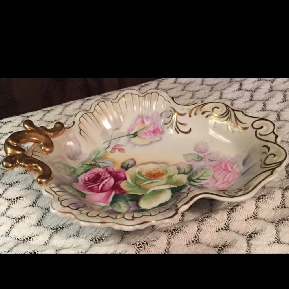 Gorgeous Vintage Gold Gilt Porcelain 1 Handle Candy Dish Arnart Hand Painted P…